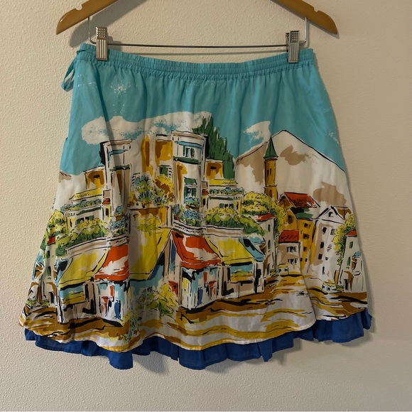 Garnet Hill Vacation Village Novelty Scene A-Line Skirt Blue Side Tie Cotton-M - Picture 2 of 8